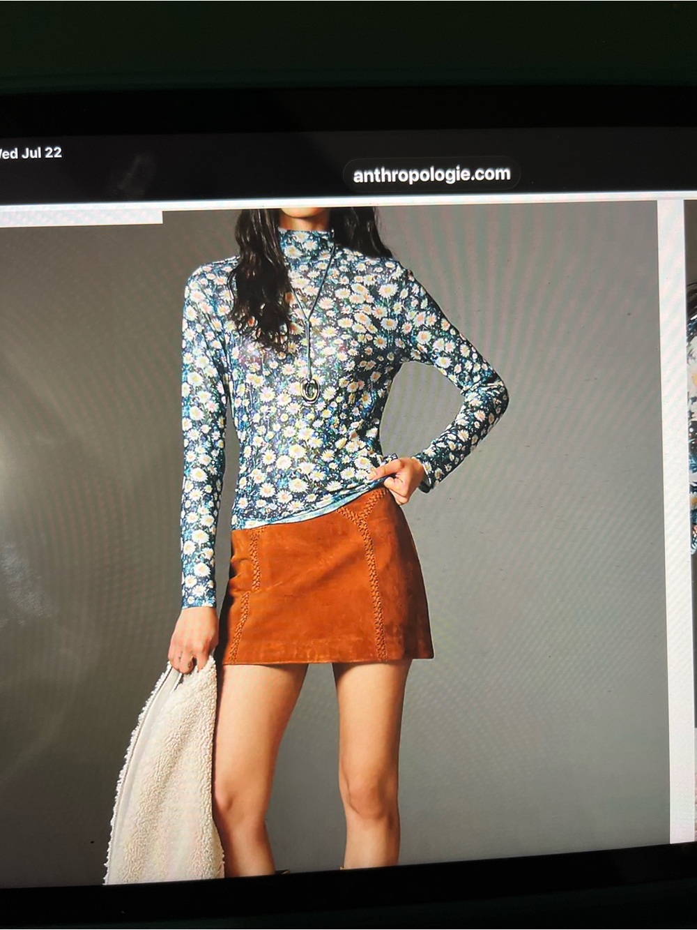 Anthropologie Teal Floral Mock-Neck Long-Sleeve Top